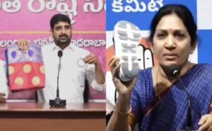 Read more about the article Congress Leader’s Shoe Reply To BRS Leader’s Saree Jab At Defector MLAs