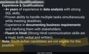 Read more about the article Job Posting In Noida Says “South Indian Candidates Not Eligible”, Sparks Outrage