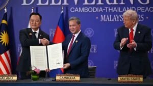 Read more about the article Trump-brokered Thailand-Cambodia peace deal suspended after landmine blast – Firstpost