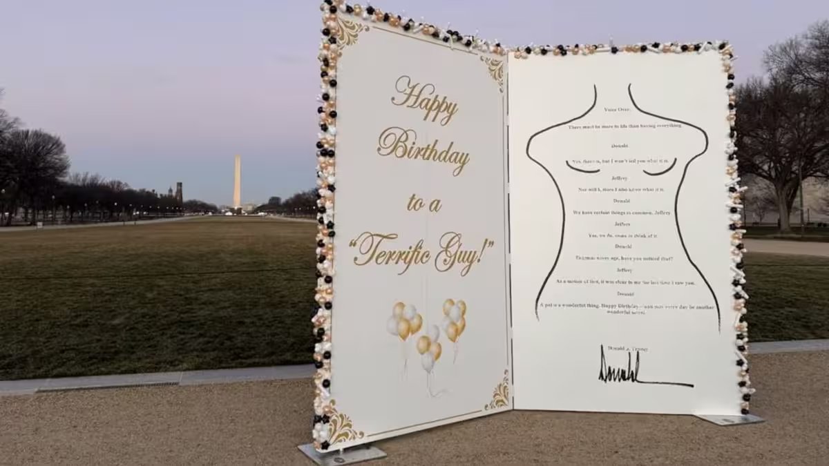 Enlarged replica of Trump’s alleged birthday card to Epstein installed at US mall – Firstpost